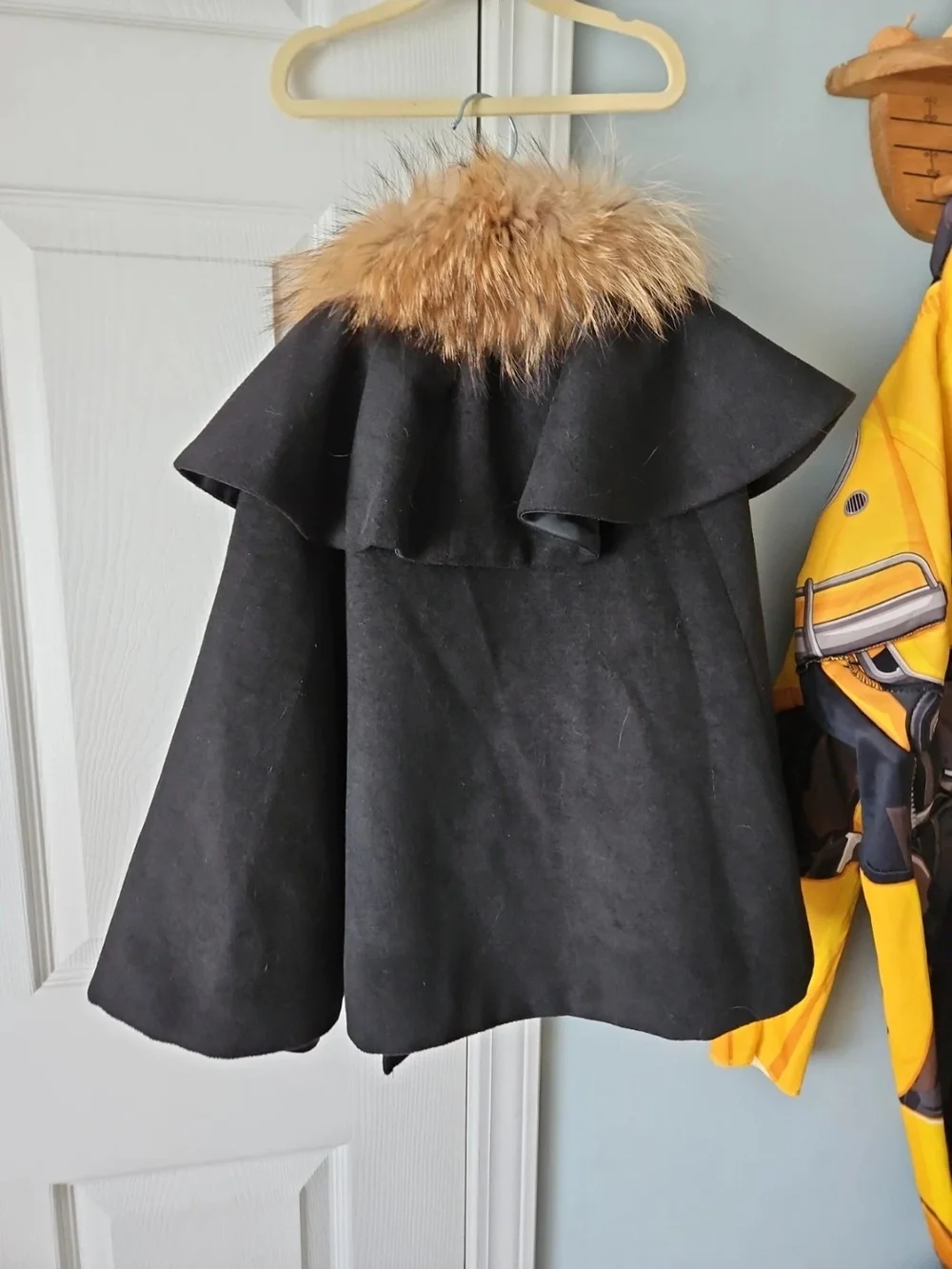 Kids Black Wool Cape with Real Fur Collar